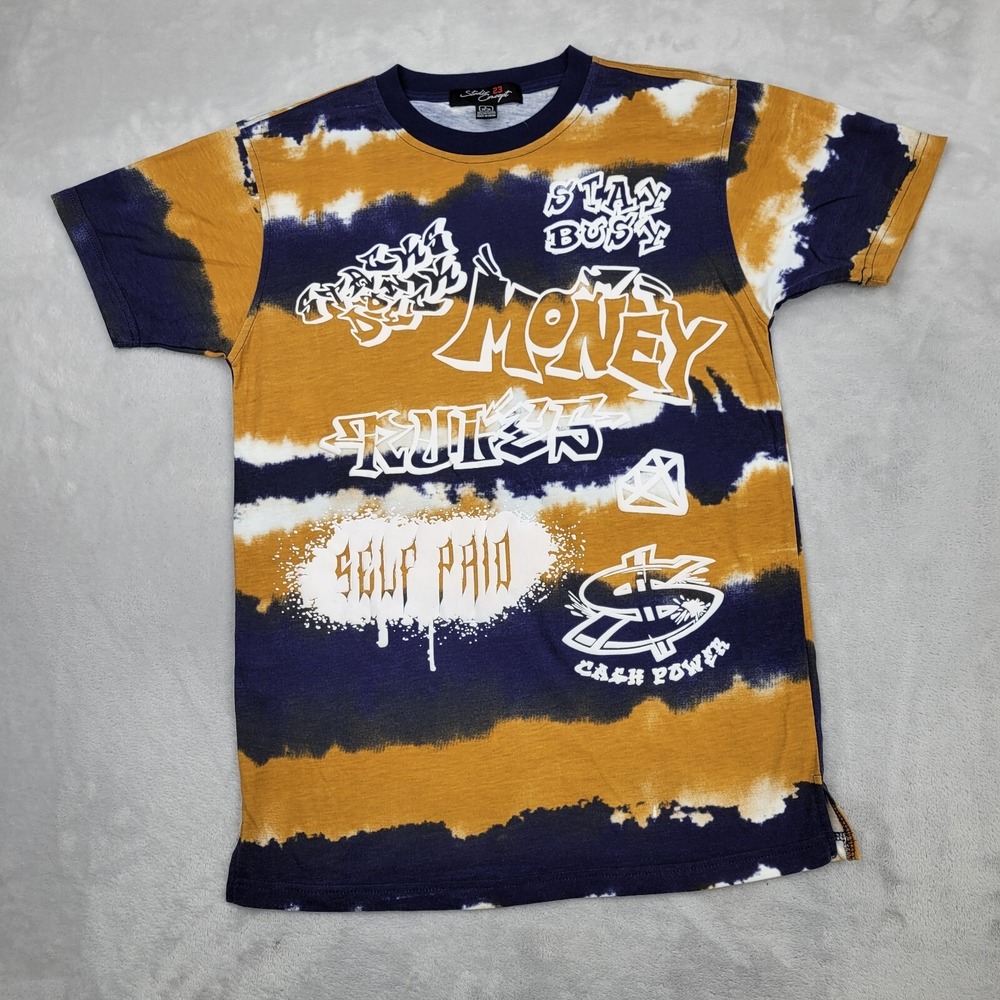 Studio Concept Shirt Boys Large 14-16 Ringer Tie Dyed Skate Graffiti Blue Yellow